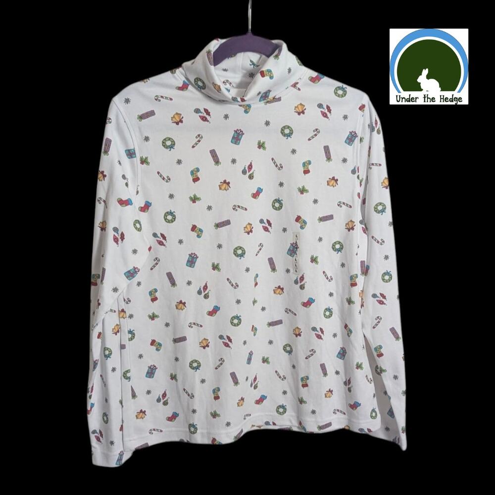 Vtg NWT Mountain Lake White Christmas Motif Cotton Blend Turtleneck Top | Large